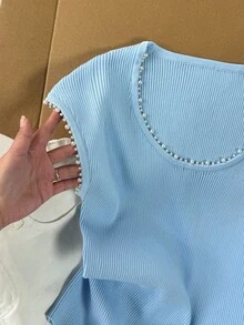 Lyxana Blusa de punto azul con decoración de perlas en el cuello y los puños, estilo casual y lindo Y2K para vacaciones de verano, fiestas, discotecas, citas, festivales de música y ropa de calle - Celeste - Ver 6