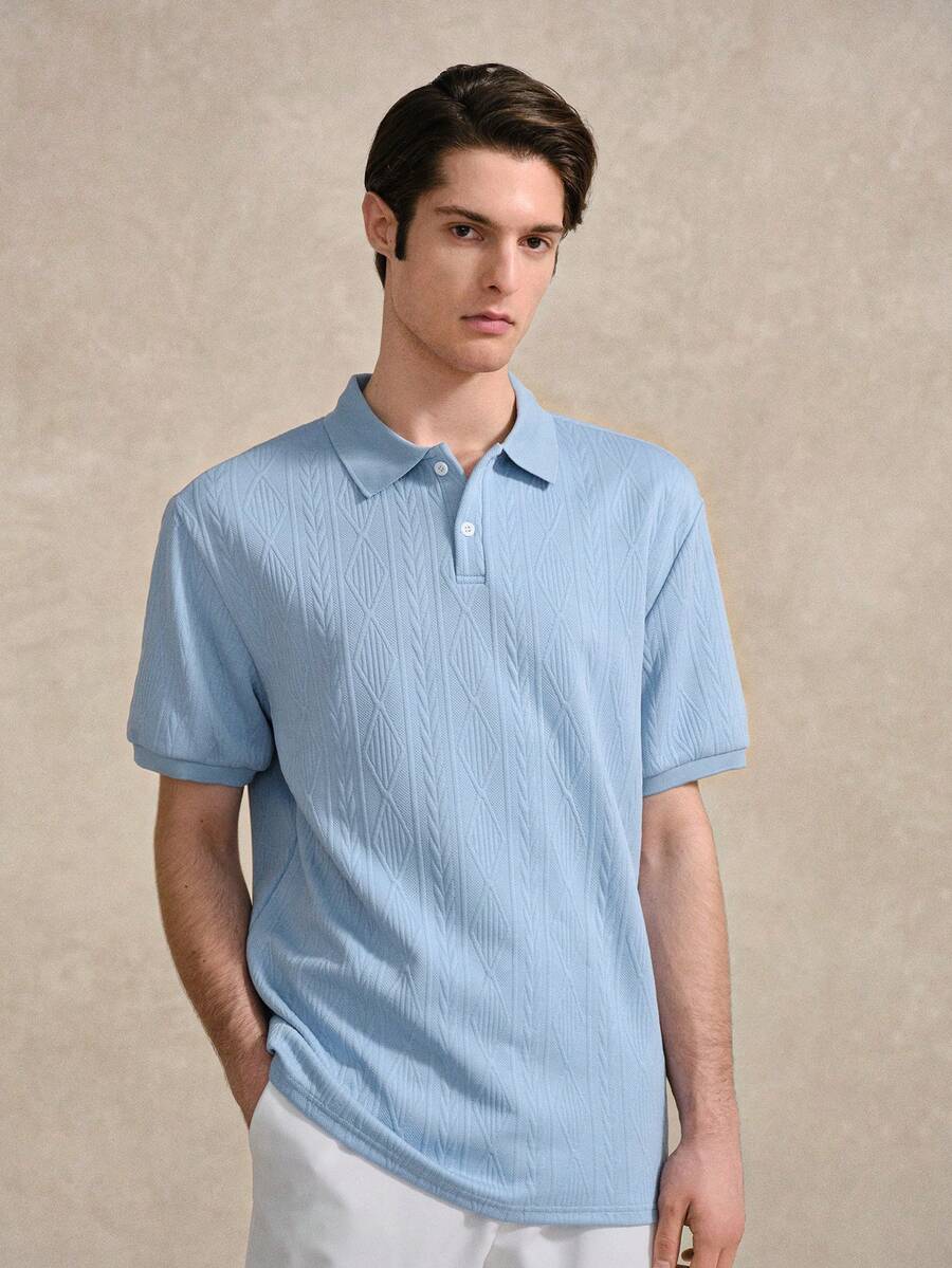 Manfinity 男士纹理针织 Polo 衫，浅蓝色/婴儿蓝纹理网球/高尔夫 Polo 衫，带口袋，透气，常规版型，父亲节礼物 - 淺藍色 - 查看 1