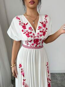 Elenzga 优雅浪漫精致女士V领收腰A字褶裥印花连衣裙 - 彩色 - 查看 8