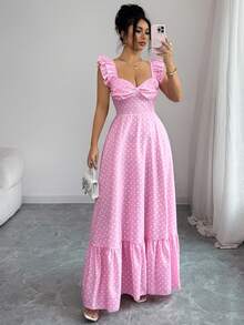 Elenzga Elegant Romantic Delicate Women's Dress, Spaghetti Strap Ruffle Waist A-Line Polka Dot Dress - Multicolor - View 3