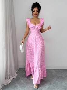 Elenzga Elegant Romantic Delicate Women's Dress, Spaghetti Strap Ruffle Waist A-Line Polka Dot Dress - Multicolor - View 8