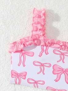 Young Girls Bikini Sets: A Set Of Cute Multi-Color Pink Bow-Patterned Knitted Fabric Tops With Lace Shoulder Straps And Bottom Hem Lace For The Pants. It Consists Of Two Pieces, A Separate Top And A Triangle-Shaped Bottom. It Is Fashionable, Casual, Exquisite And Elegant, Suitable For Swimming, Summer Vacations, Beach, Seaside, Swimming Pools, Swimming Pools, Summer Holidays, Party And Leisure Vacations. - Pink - View 4