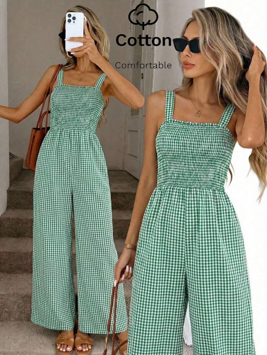 Easowa 女士绿色格子棉质连体裤，胸前褶皱设计，适合浪漫、乡村、休闲度假和日常休闲穿着，春夏款 - 彩色 - 查看 1