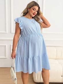 Plussiva Đầm kẻ sọc dáng rộng dành cho bà bầu cỡ lớn, thích hợp mặc mùa hè. - Màu xanh lam - Xem 6