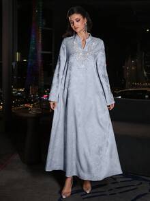 Layrah Đầm tay xòe thanh lịch họa tiết hoa jacquard mùa xuân và hè. - Màu xanh lam - Xem 8