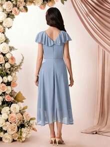 Pitira Đầm chiffon màu xanh dương trơn, thanh lịch, tối giản, cổ chữ V, không tay, xếp ly, eo cao, dài ngang gối, thích hợp cho bé gái dự lễ tốt nghiệp/đám cưới, hoặc đi nghỉ hè. - Màu xanh lam - Xem 2