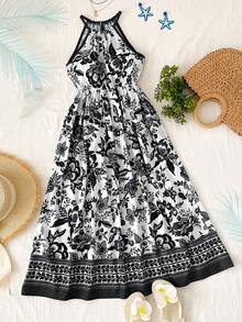 SHEIN Sparklyn Đầm ngắn tay bồng hai dây họa tiết hoa nhí màu xanh dương kiểu dáng nghỉ mát cho bé gái, thiết kế nhẹ nhàng với điểm nhấn nơ, thích hợp cho kỳ nghỉ, đi biển, mùa hè. - màu đen - Xem 5