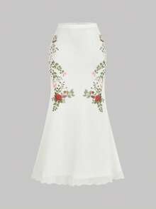 SHEIN MOD 印花T恤搭配修身长裙，优雅两件套女装 - 杏色 - 查看 3