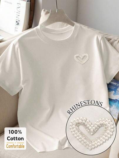 Resyla Women's Faux Pearl Heart Decor Round Neck Short Sleeve Casual T-Shirt