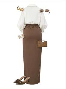 Juhart 大码女装春季优雅通勤风纯色泡泡袖V领系带上衣搭配撞色系带腰部开衩裙两件套，适合日常通勤 - 彩色 - 查看 2