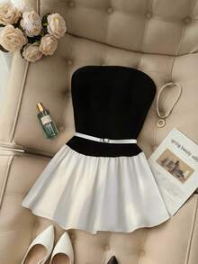 Franclia Vestido mini elegante y sofisticado con contraste en blanco y negro, apropiado para salidas y citas de primavera/verano - Blanco y Negro - Ver 3