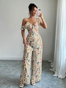 INAWLY 女士优雅不对称荷叶边领度假阔腿印花连体裤 - 卡其色 - 查看 6