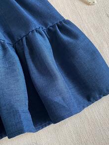 PrepCrw 1pc Young Girls' Elegant Lace Collar Petal Sleeve Navy Blue Dress, Suitable For Casual, Outings, Gatherings, Festivals, Spring And Summer - Navy Blue - View 8