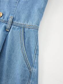 Bộ jumpsuit denim không tay dáng suông hai hàng cúc có thắt lưng dành cho nữ - Màu xanh lam - Xem 7