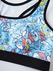 SHEIN X The Smurfs Bộ đồ lót nữ in họa tiết toàn thân, viền tương phản, gồm áo ngực và quần short, thích hợp mặc hàng ngày. - Màu xanh lam - Xem 8