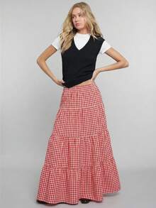 Easelle Women's Red Plaid Print High Waist Ruffle Hem Skirt, Spring/Summer - Red - View 7