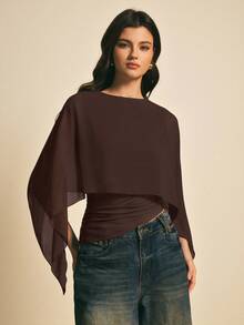 Poéselle 女士纯色圆领不对称褶皱时尚衬衫 - 摩卡棕 - 查看 7