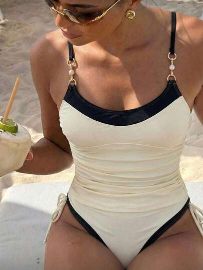 Bonvoyette 2026新款女士夏季沙滩度假黑白褶皱抽绳高腰吊带露背吊带背心和比基尼两件套
