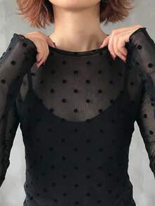 FRIFUL 女士波点印花网纱长袖休闲衬衫 - 黑色 - 查看 2