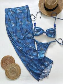 Bonvoyette 3件套春夏假日随机印花咖啡色不对称珍珠装饰抹胸比基尼上衣、下装和褶皱前裙性感女士泳装套装，带罩衫，适合度假穿着，串珠女士沙滩装 - 彩色 - 查看 3