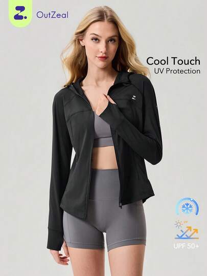 OutZeal Women Sun-Proof Jacket Gym Wear Workout UV Protection Cool Touch Slim Fit Zip Up Hood Outdoor Tops