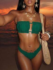 Vaytide 夏季海灘蘋果皺紋修邊無肩帶比基尼套裝 - 綠色 - 查看 2