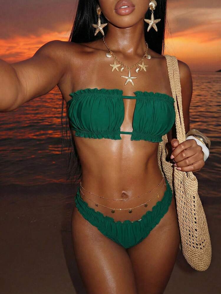 Summer Beach Ruched Lettuce Trim Bandeau Bikini Set