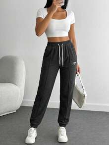 RueChic Letter Embroidery Drawstring Waist Sweatpants - Black - View 5