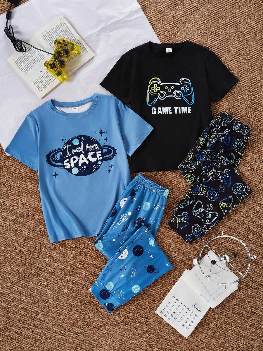 4pcs/Set Toddler Boys' Pajamas With Video Game & Space Planet Print, Short Sleeve Top And Long Pants Homewear Big Boy Clothes Set Boys Lounge Sets Boy Summer Sets - Multicolor - View 1