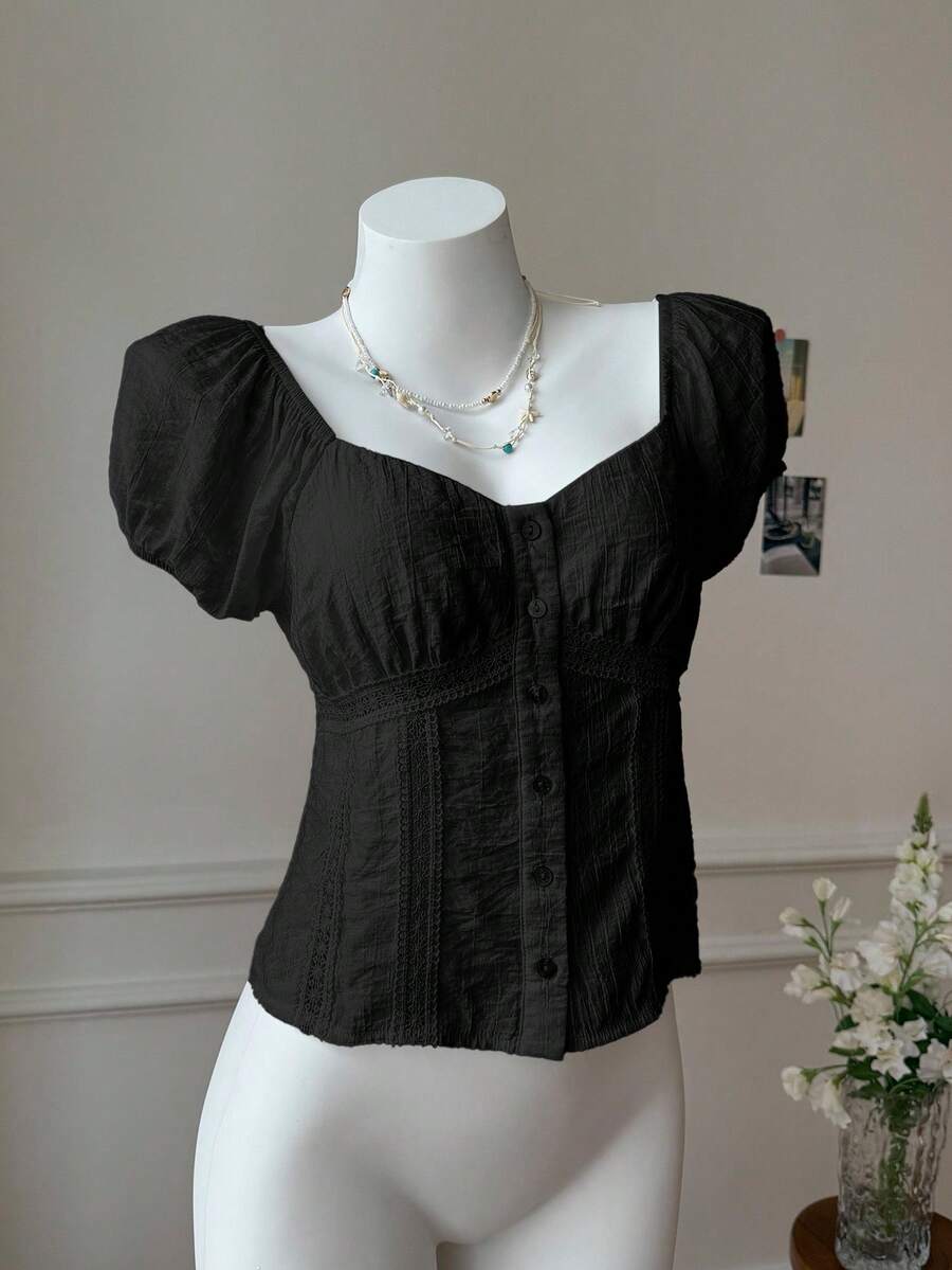 Comfortcana Plus Size V-Neck Floral Contrast Trim Short Sleeve Shirt, Summer - Black - View 1