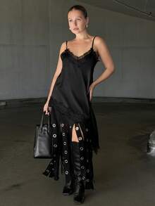 Kuleshova 女士拼接镂空流苏下摆时尚A字裙 - 黑色 - 查看 4