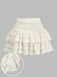 SHEIN Apricot Textured Knit Casual Vacation Double Ruffle Hem Skater Skirt For Teen Girls, Ruffle Skirt, Cute Skirt - Apricot - View 5