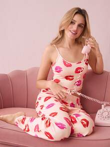 唇印吊带背心和裤子 睡衣套装 / 睡衣套装 - 杏色 - 查看 7