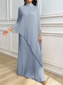 Modelyn 女士纯色立领蝙蝠袖褶皱宽松长连衣裙 - 藍色 - 查看 6