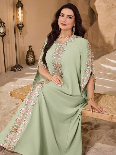 Al Najma Plus Size Solid Color Lace Trim Women Turkish Long Tunic, Arabic Traditional Maxi Dress