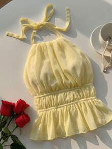 SHEIN EZwear Áo hai dây màu vàng xếp ly, cổ yếm, hở lưng, thắt eo dành cho nữ, thích hợp cho mùa xuân/hè. - Vàng nhạt - Xem 4