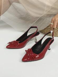 CUCCOO CHICEST Sapatos Femininos: Mini Laço Decorativo Bico Fino Salto Agulha Metalizado Prata, Sapatos Slingback de Couro Sintético Vermelhos Altos Elegantes e Únicos com Estilo Punk para Moda de Rua, Transporte, Festa de Natal e Ano Novo, Clima de Outono e Inverno - Vermelho - Visão 8