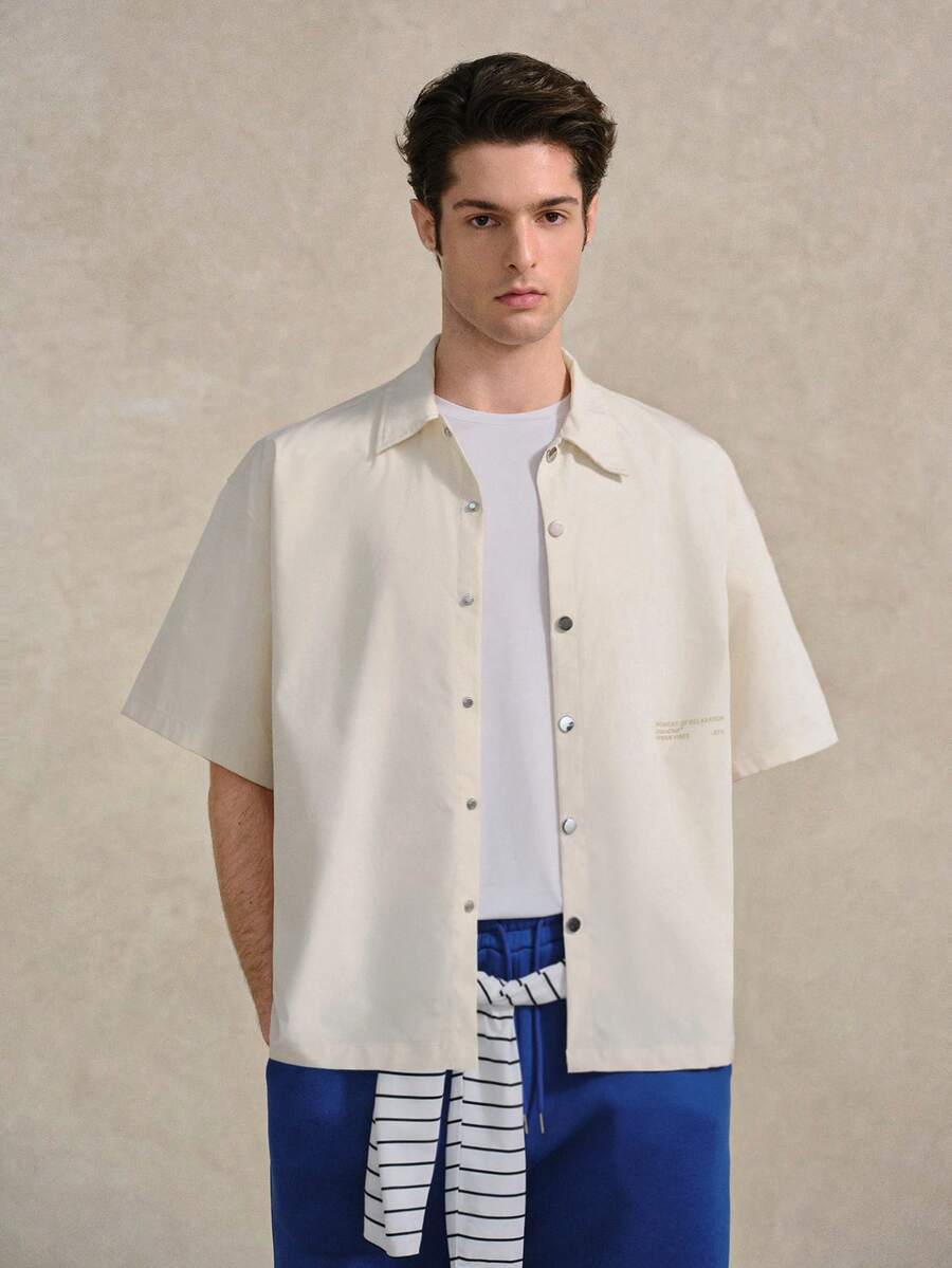 Courvante Men's Urban Fashionable Loose-Fit Short Sleeve Collared Boxy Shirt With English Letter Pattern For Daily Casual Wear, Friends Tennis Preppy, Golf, Button Down, Father's Day Gift - Apricot - View 1