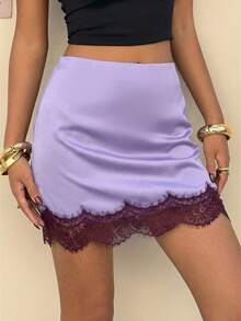 Muchica 女士新款时尚紫色缎面撞色蕾丝边迷你连衣裙，适合外出、街头风、Y2K时尚、情人节穿着 - 彩色 - 查看 1