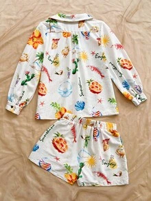 Soleia Women's Pineapple Print Long Sleeve Shirt And Shorts 2 Pieces Set - Multicolor - View 2