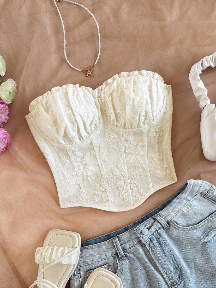 Soleia Áo quây nữ màu trắng gợi cảm, thắt eo, chất liệu jacquard dệt họa tiết, viền bèo nhún, thích hợp cho tiệc tùng, hẹn hò, ngày Valentine, tiệc trà chiều, đi biển, du thuyền, lễ Phục sinh, lễ hội, Tết Nguyên đán, du lịch đường dài. - Màu be - Xem 1