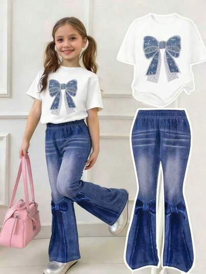 1 Set Girls Casual Fashionable Sweet Cute Bow Print Short Sleeve T-Shirt And Print Flare Pants Set, Suitable For Outdoor In Summer