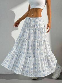 SHEIN EZwear 女士休闲度假海洋生物三层半身裙，适合夏季和度假穿着 - 彩色 - 查看 3