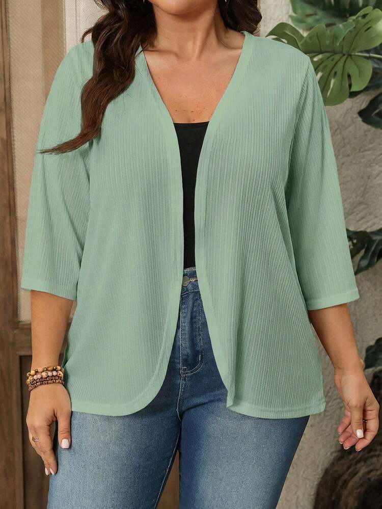 Plus Size Women's Mid-Length Sleeve White Jacquard Texture Cardigan Beach Vacation Jacket Spring Outfits For Women Summer Outfits For Women