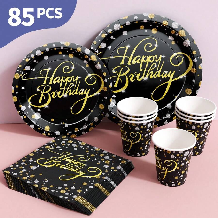 Bộ đồ dùng dùng một lần màu đen bóng, gồm đĩa, khăn ăn và cốc, in chữ "Chúc mừng sinh nhật", phục vụ 20 người. Bộ đồ dùng tiệc dùng một lần này (bao gồm đĩa, khăn ăn và cốc) rất phù hợp cho các bữa tiệc sinh nhật, đám cưới và dã ngoại gia đình. - Xem 1