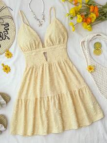 Travachic 2026 New Women's Romantic Cutout V-Neck Solid Color Textured Mini Dress For Vacation,Summer Dresses For Women - Light Yellow - View 2