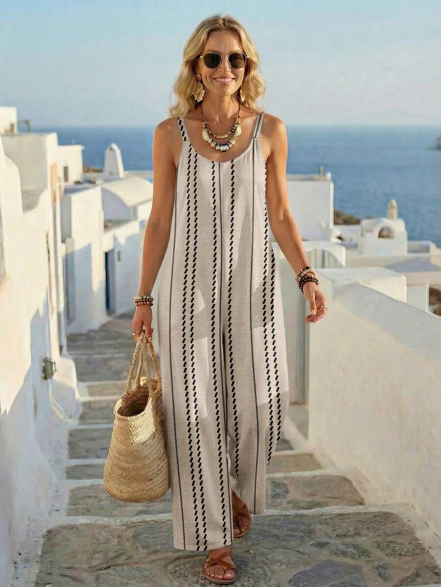 EMERY ROSE Women's Casual Printed Jumpsuit, Versatile Holiday Wear - White - View 1