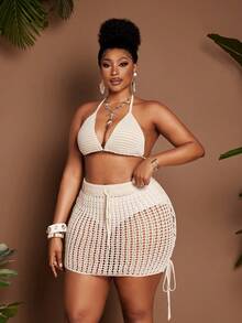 Maweii Bộ đồ nữ phong cách tối giản, gợi cảm, trẻ trung gồm áo crop top cổ yếm khoét rỗng và chân váy ngắn cạp chun thắt nơ, màu trắng, cỡ lớn, thích hợp cho đi biển và nghỉ mát. - Màu be - Xem 5