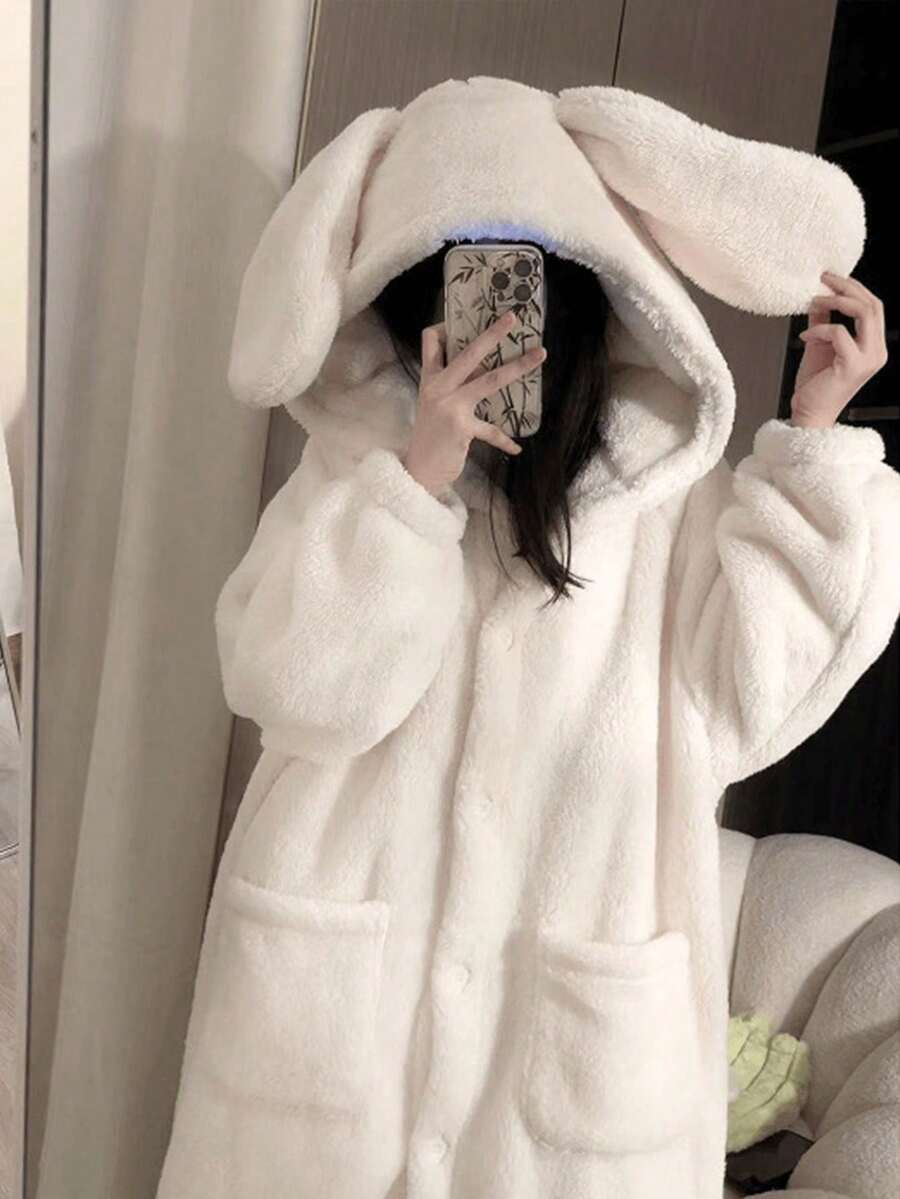 女士冬季兔耳连帽浴袍 - 加厚绒毛保暖连帽浴袍，加厚保暖睡衣，舒适家居服，卡通风格设计，动物睡衣，冬季睡衣，女士睡袍，加厚保暖睡衣，可爱兔子派对服装，易于打理的奢华水疗及家居浴袍，女士浴袍，寒冷天气家居服，趣味设计，柔软质地，穿着舒适，浴室装饰 - 彩色 - 查看 1
