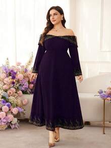 Modelyn Plus Size Women's Elegant Minimalist Retro Elegant Off-Shoulder Petal Sleeve Dress With Gold Floral Trim - Purple - View 3